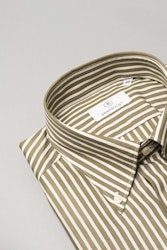 Thin Striped Poplin Shirt - Button Down - Olive Green/White