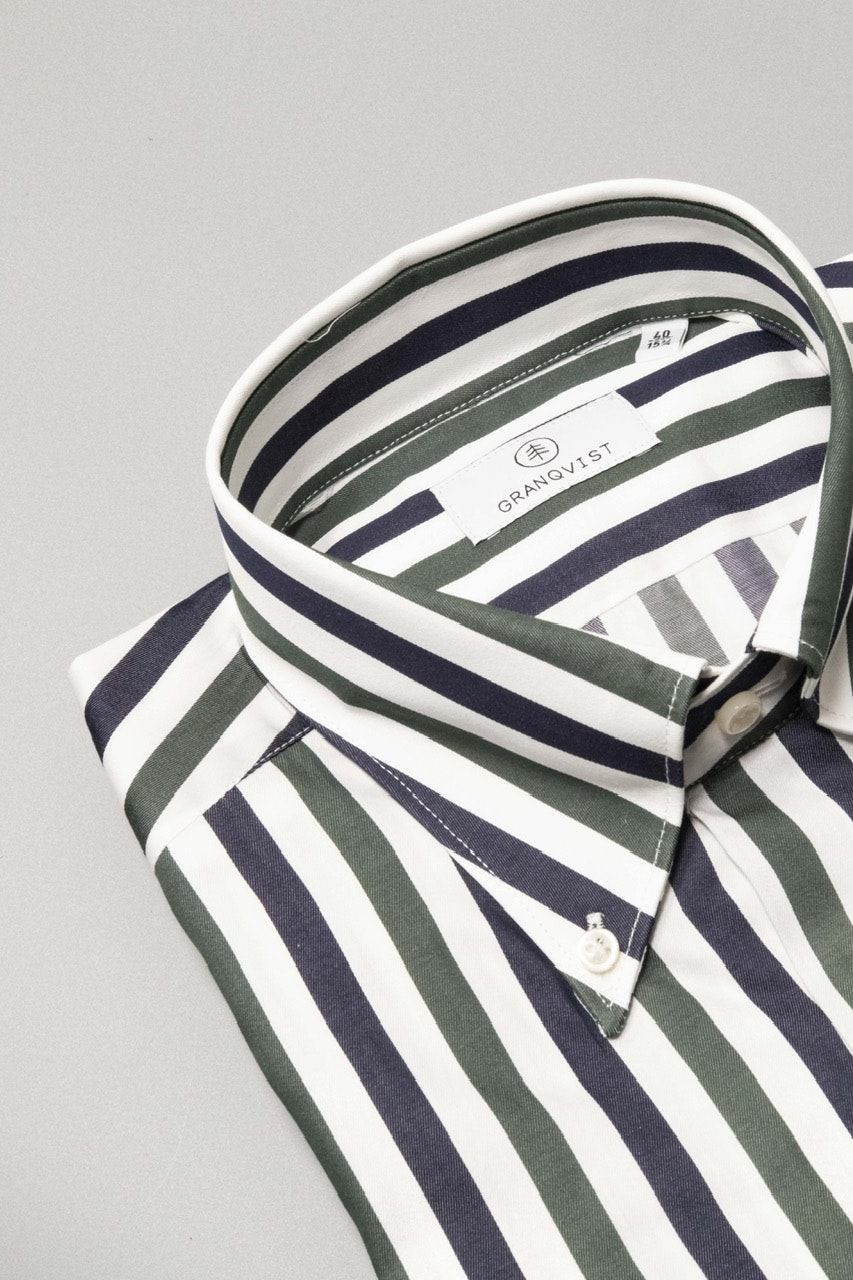 Striped Twill Shirt - Button Down - White/Navy Blue/Olive Green