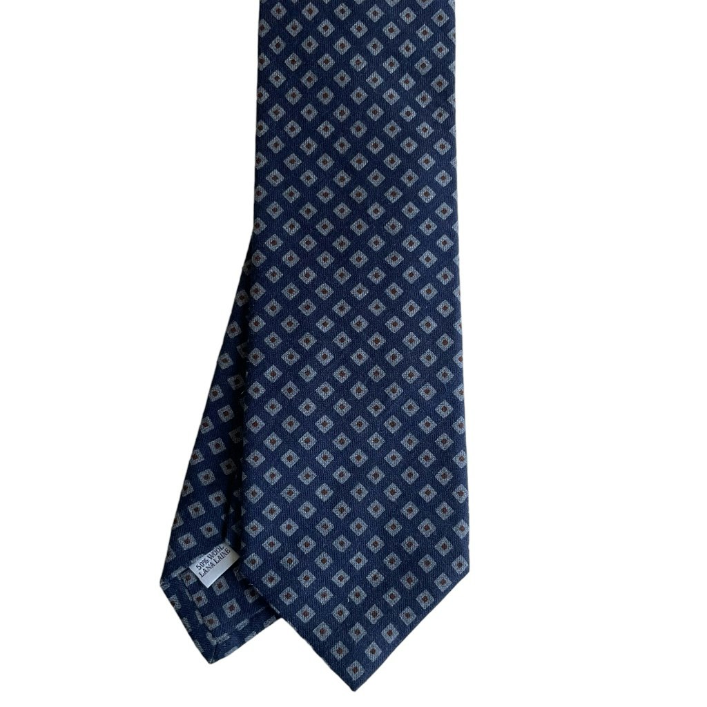 Floral Printed Wool Tie - Navy Blue/Grey