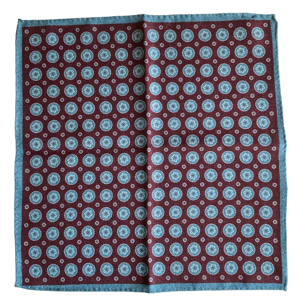 Medallion/Pindot Wool Pocket Square - Burgundy/Light Blue