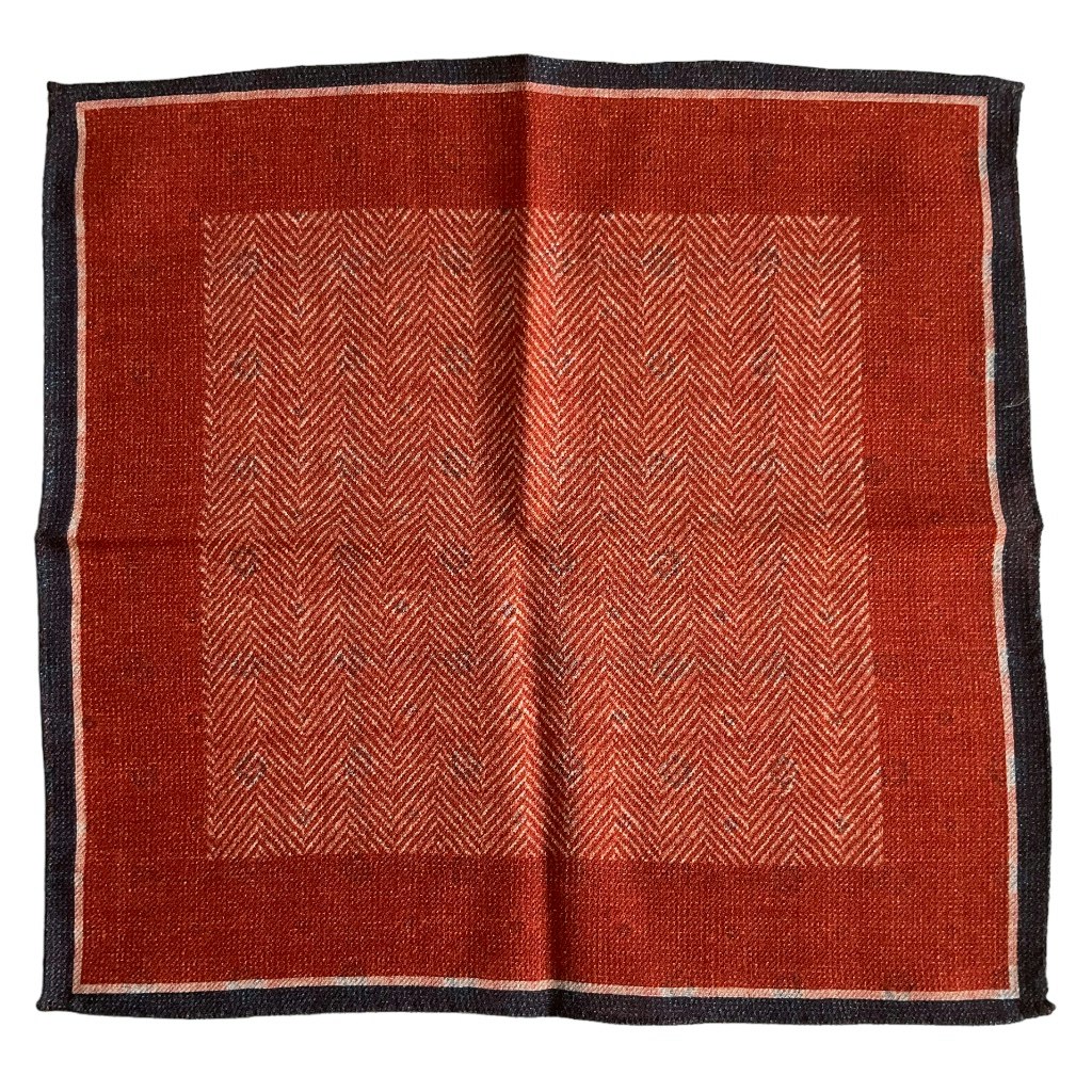 ZigZag/Floral Wool Pocket Square - Rust/Navy Blue