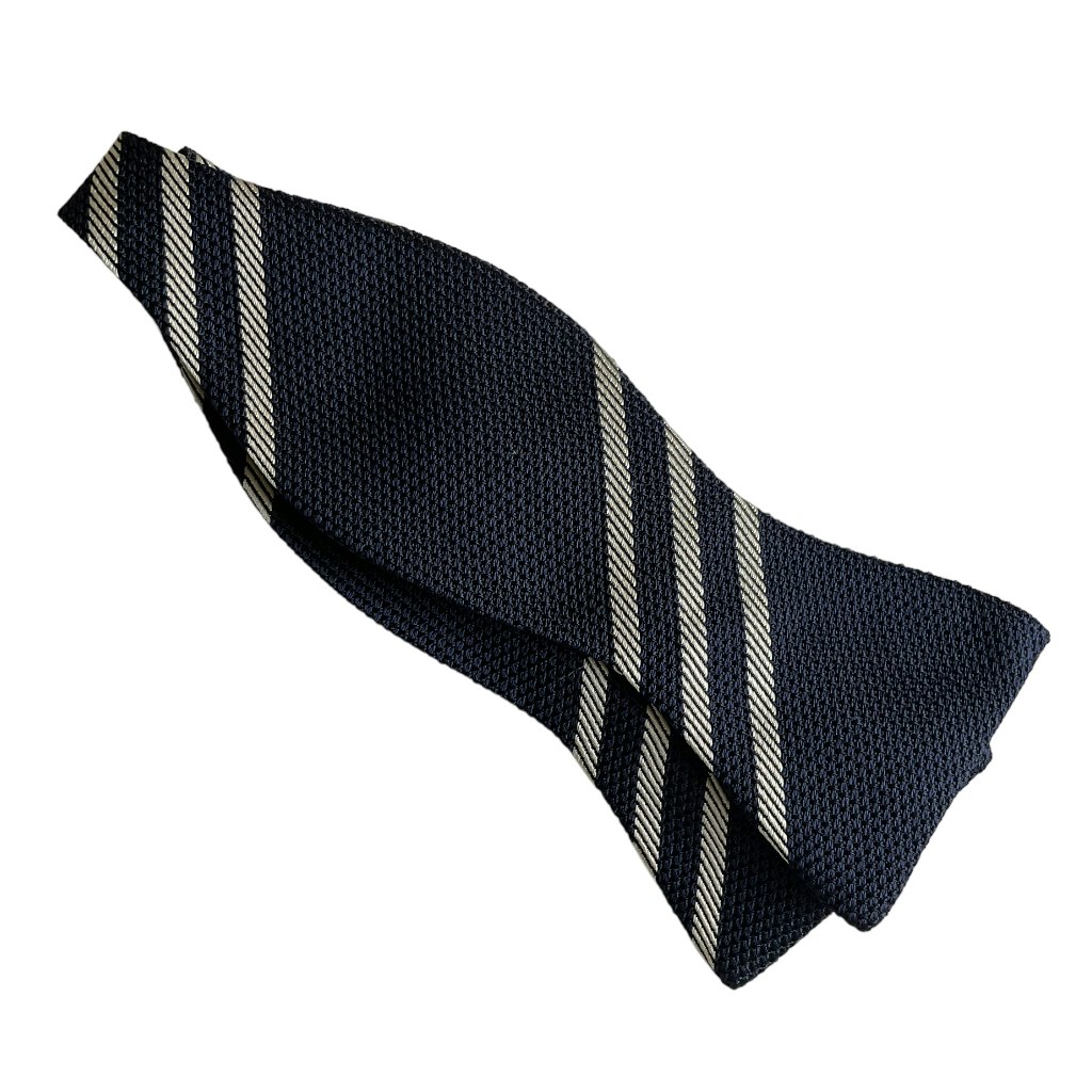 Regimental Grenadine Silk Bow Tie - Navy Blue/White
