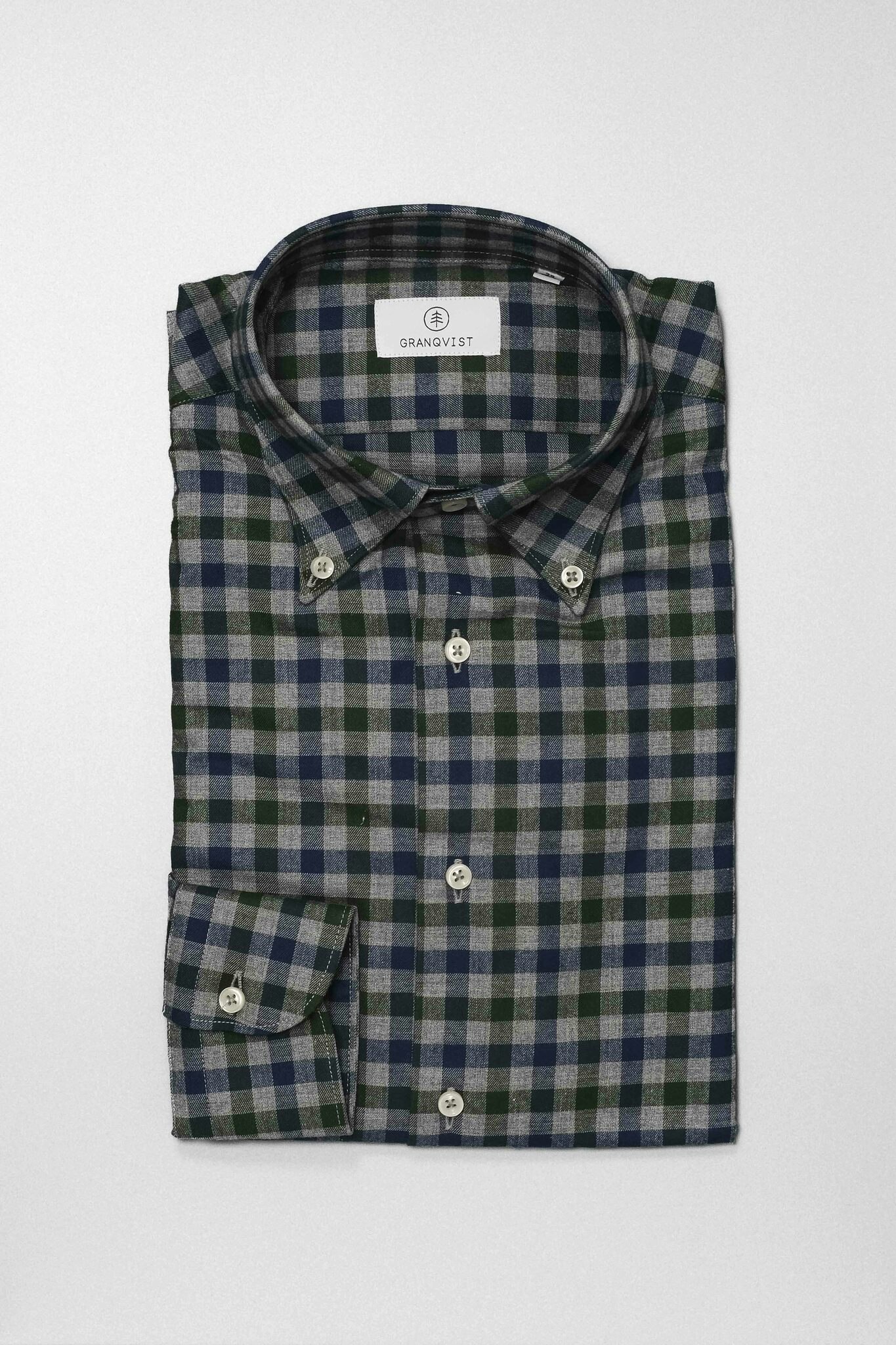 Smårutig Flanellskjorta - Button Down - Grå/Grön/Marinblå
