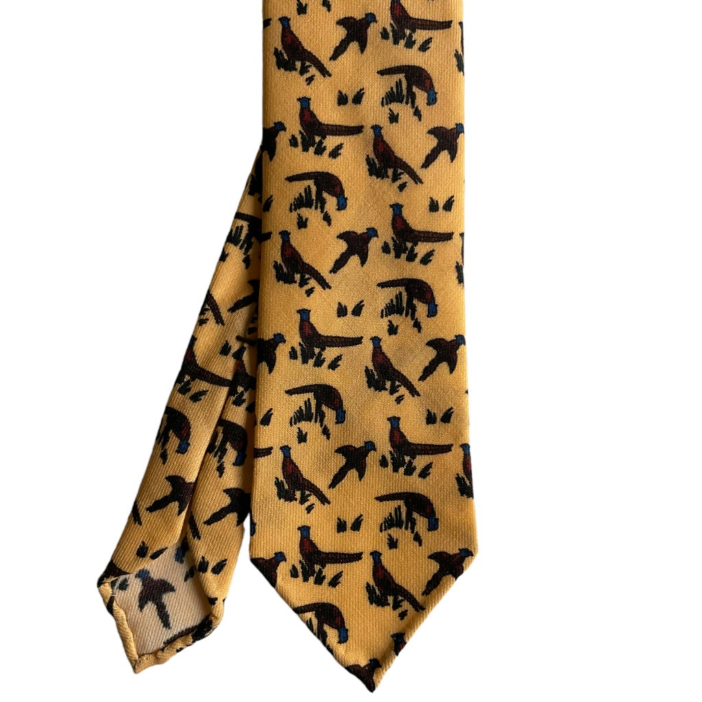 Pheasant Printed Wool Tie - Untipped - Yellow/Burgundy