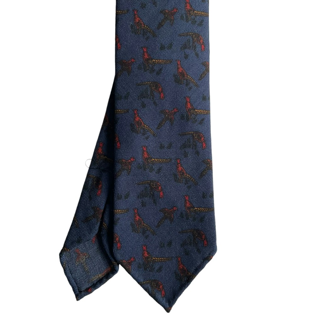 Pheasant Printed Wool Tie - Untipped - Navy Blue/Rust