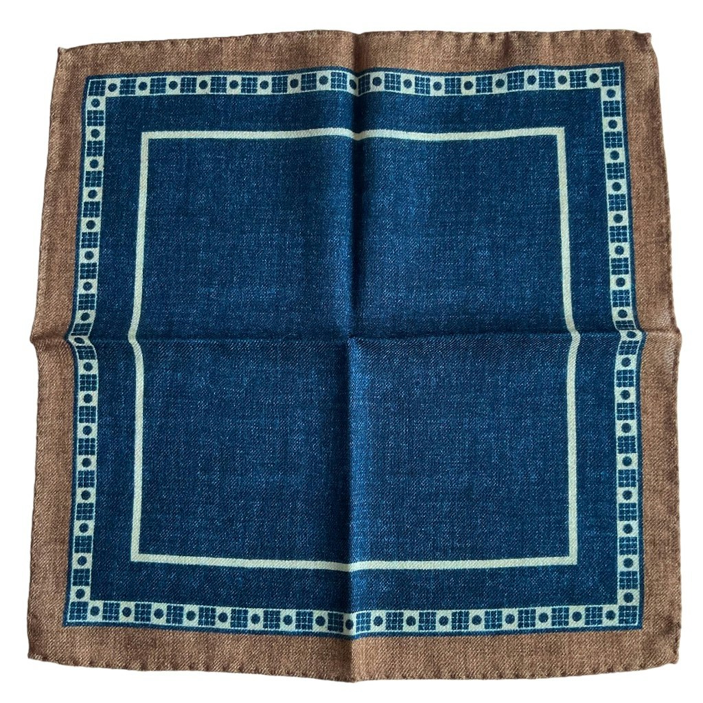 Border Wool Pocket Square - Navy Blue/Brown