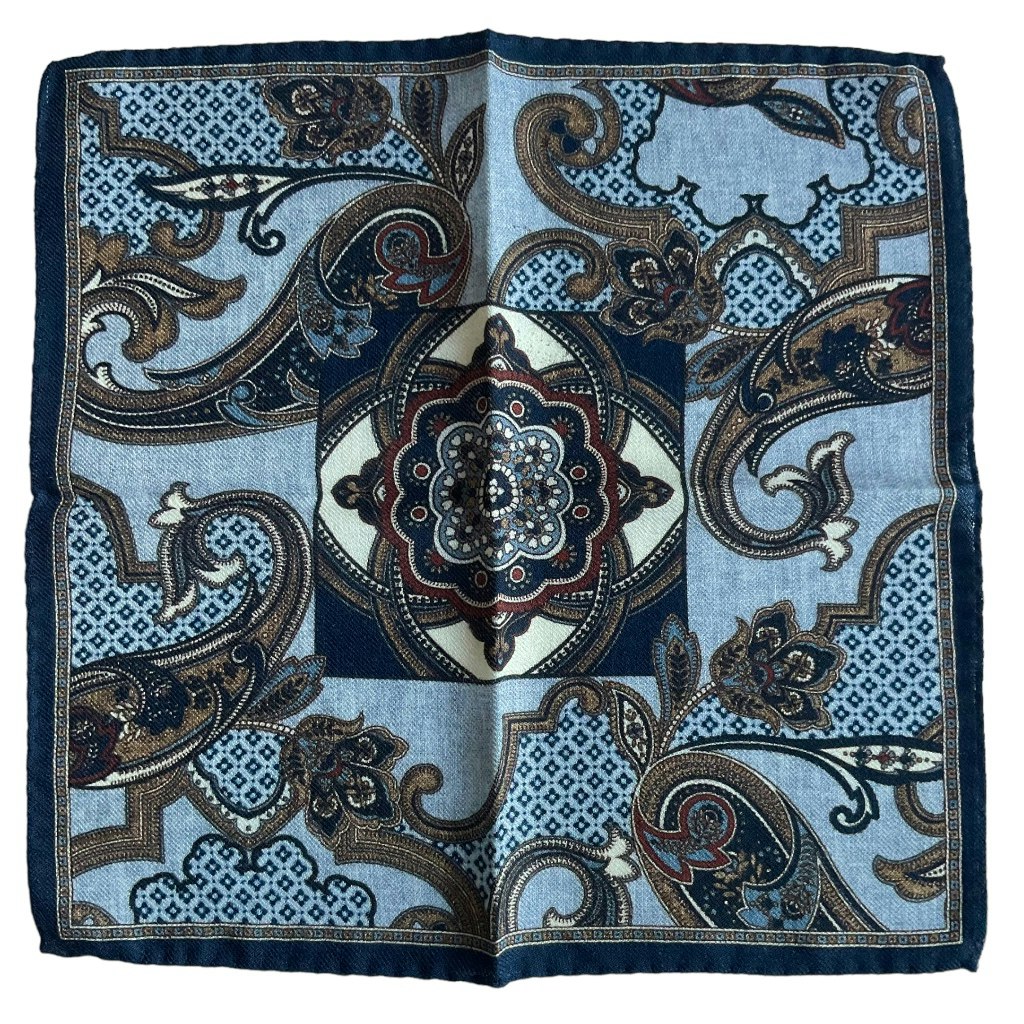 Oriental Wool Pocket Square - Grey/Navy Blue/Beige