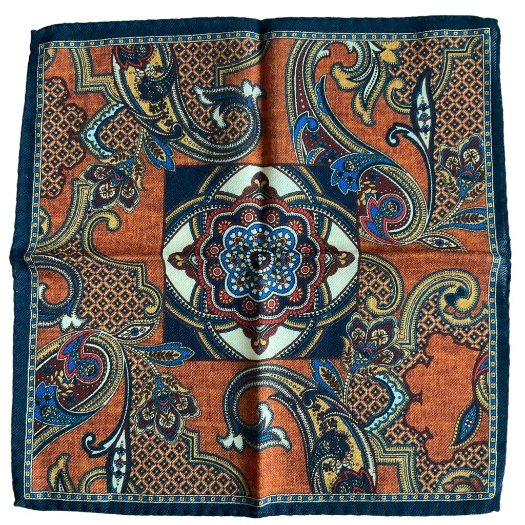 Oriental Wool Pocket Square - Orange/Navy Blue