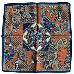 Oriental Wool Pocket Square - Orange/Navy Blue