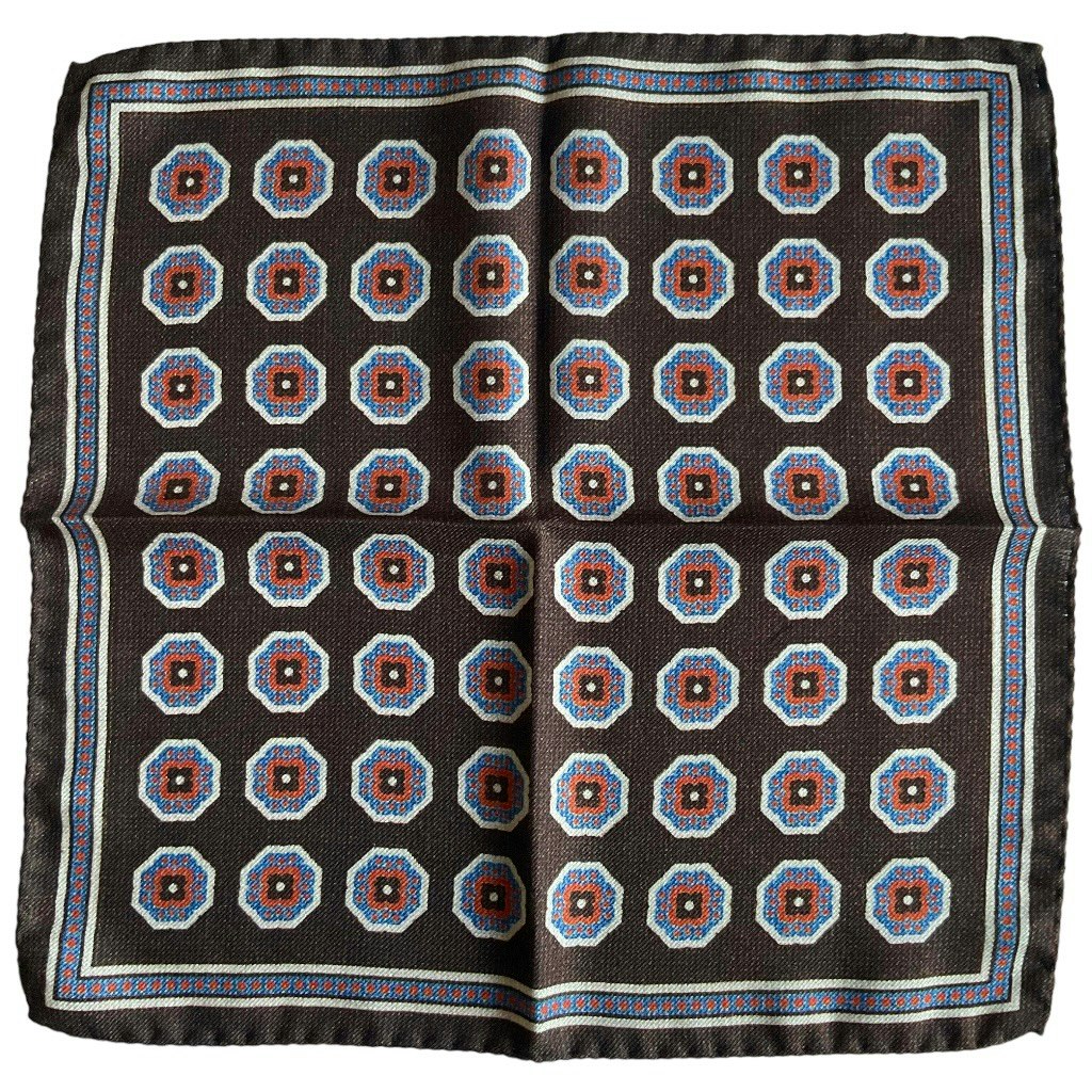 Medallion Wool/Silk Pocket Square - Brown/Orange/Mid Blue