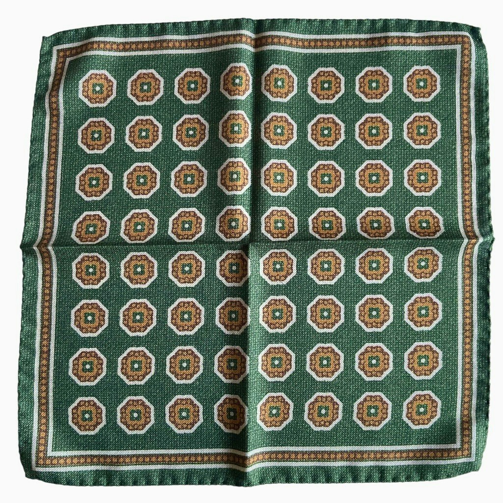 Medallion Wool/Silk Pocket Square - Green/Orange/Brown