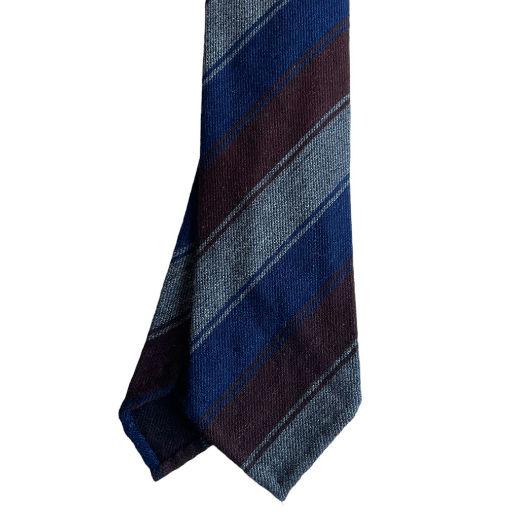 Regimental Cashmere Tie - Untipped - Navy Blue/Brown/Grey
