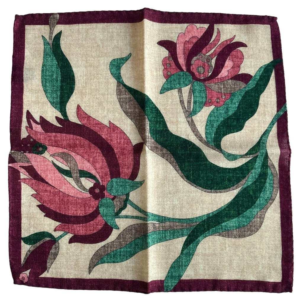 Large Floral Wool Pocket Square - Beige/Green/Burgundy