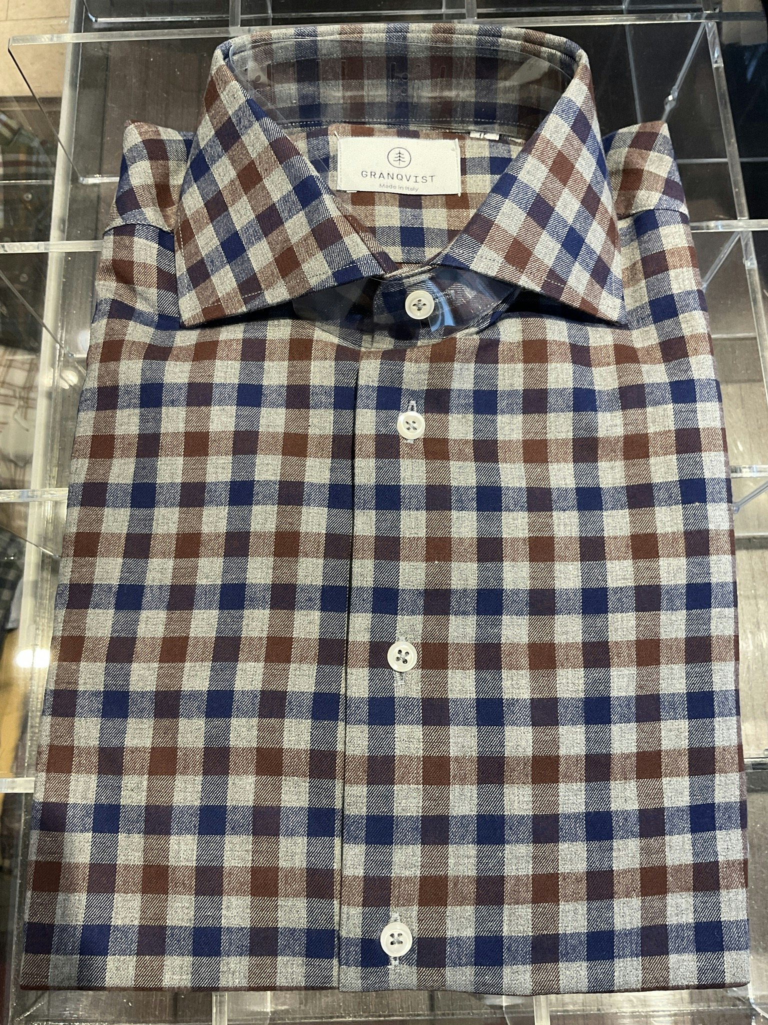 Small check brushed cotton shirt - Grey/Navy/Brown