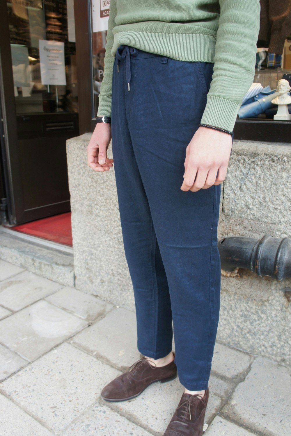 Linen trousers with drawstring - Navy Blue