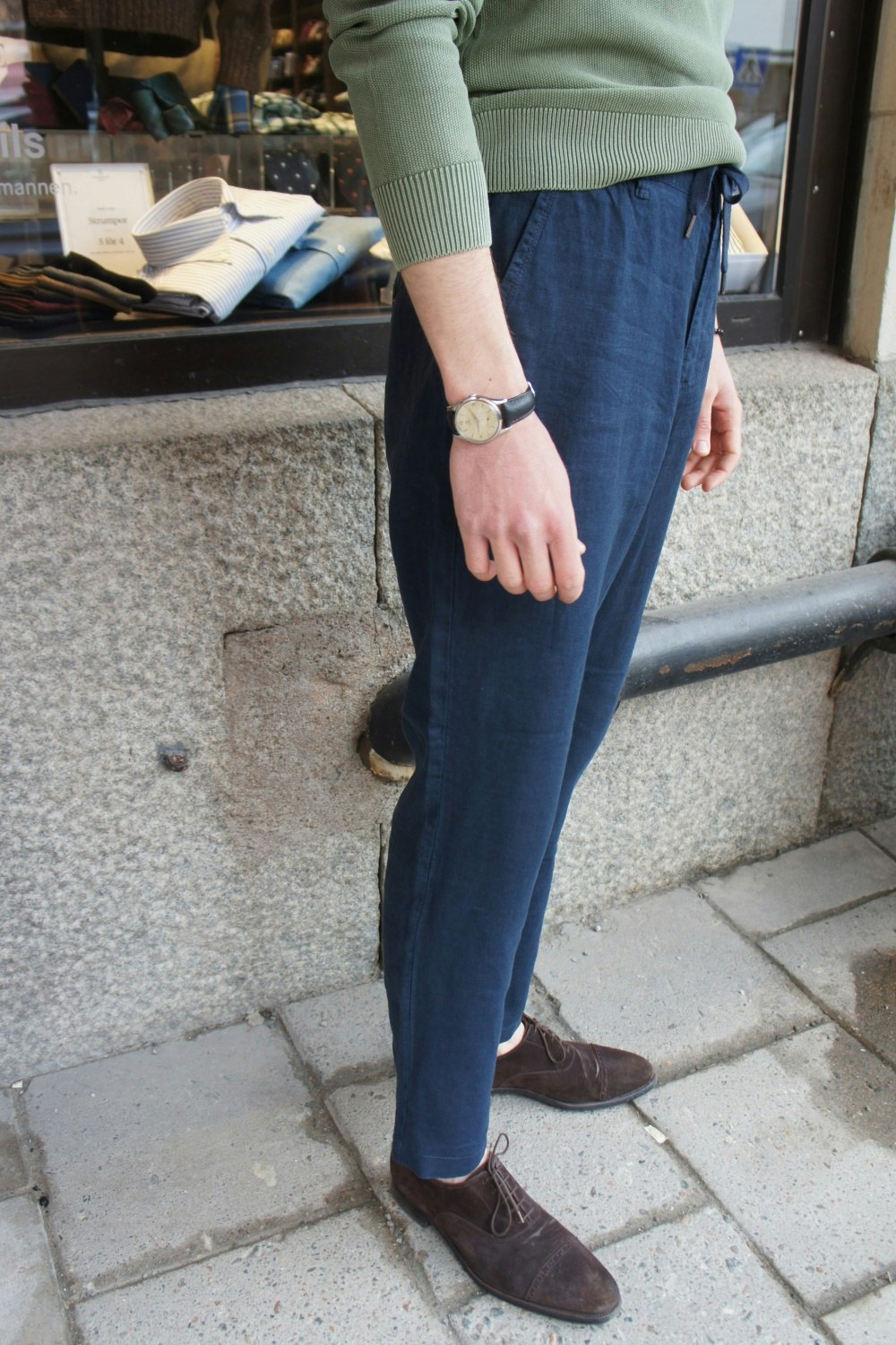 Linen trousers with drawstring - Navy Blue