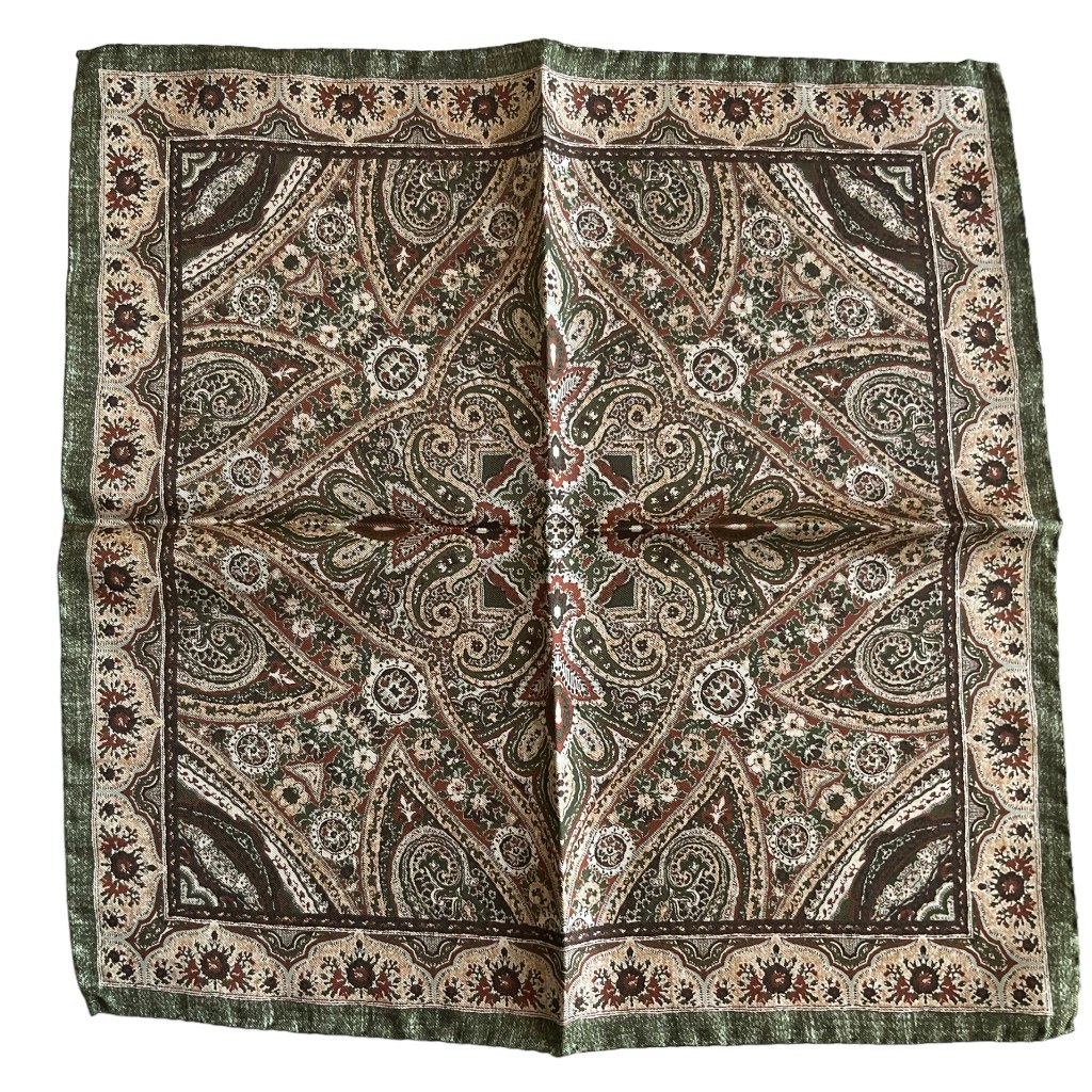 Oriental Silk Pocket Square - Green/Beige/Brown