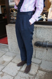 Linen Trousers with side adjusters - High Waist - Navy Blue