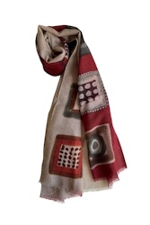 Large Pattern Printed Wool Scarf - Beige/Burgundy/Brown