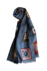 Large Pattern Printed Wool Scarf - Blue/Burgundy
