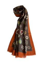 Flowers and Leaf Printed Wool/Cashmere Scarf - Brown/Orange