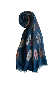 Leaf Printed Wool Scarf - Light Navy Blue