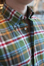 Rutig Flanellskjorta - Button Down - Olivgrön/Mörkröd/Senap/Vit