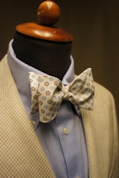 Floral Hand Printed Silk Bow Tie - White/Brown/Blue