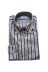 Randig Supertwill Skjorta - Button Down - Vit/Marinblå/Beige