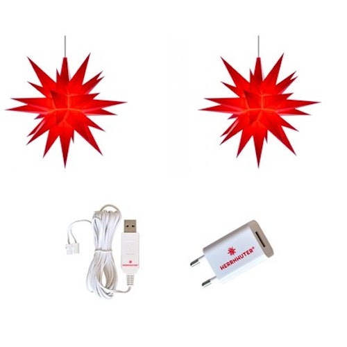 2-pack Herrnhuter Stjärna A1e röd inkl. USB adapter & strömförsörjning
