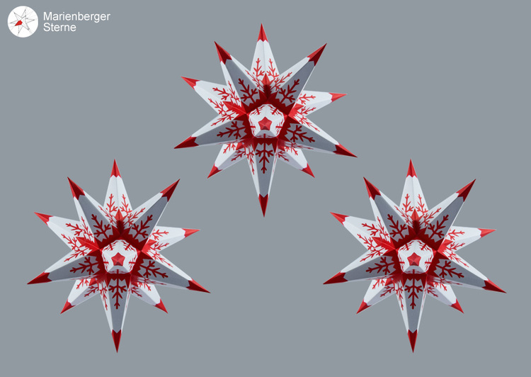 3-pack Marienberger Pappersstjärnor vit med röda flingor inkl. belysning