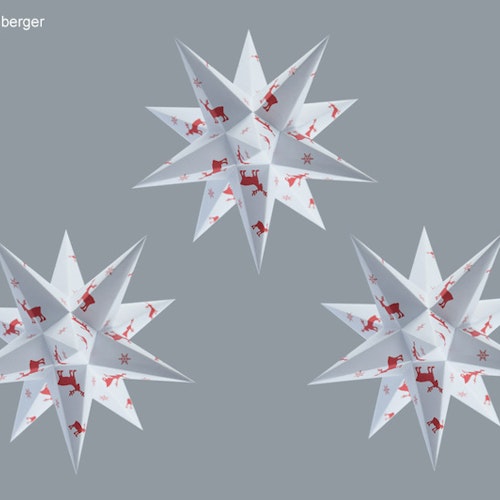3-pack Marienberger Pappersstjärnor vit med röd älg inkl. belysning