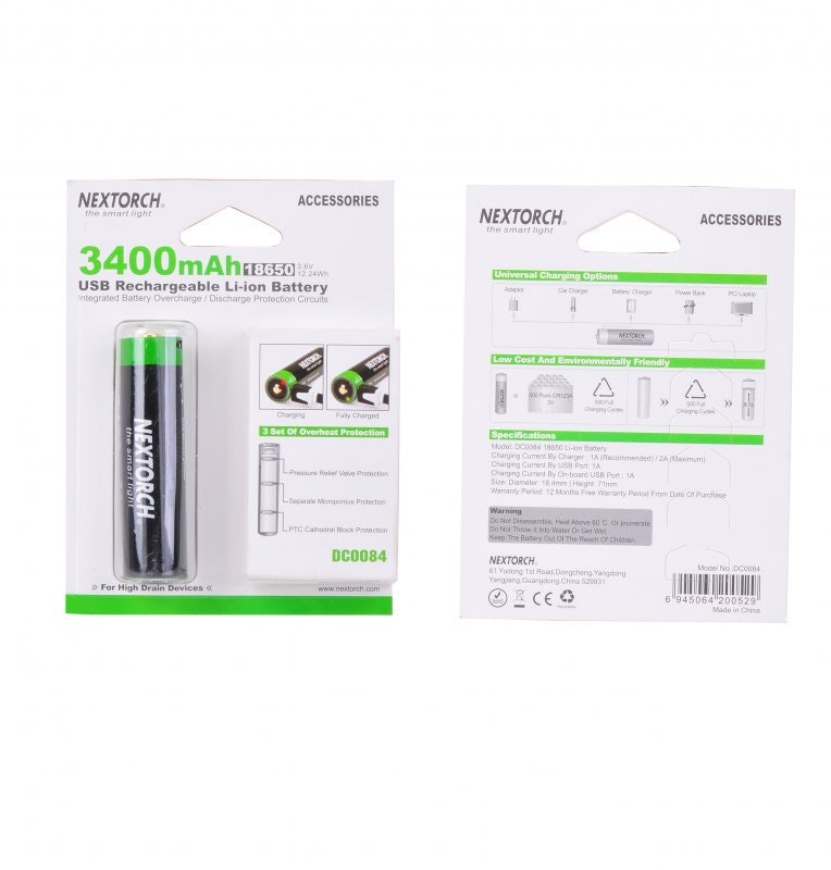 Nextorch laddningsbart 18650,3400 mAh, med inbyggd USB-laddport inkl laddkabel