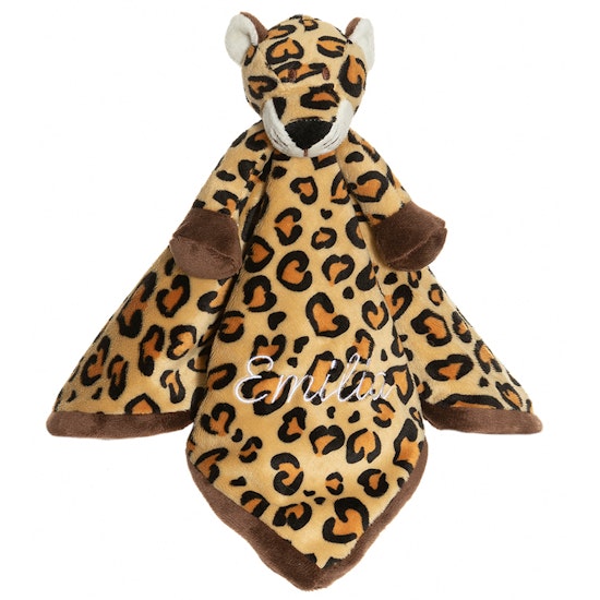 Snuttefilt med namn, leopard, 35 cm, beige, svart, prickig, plysch, diinglisar, teddykompaniet
