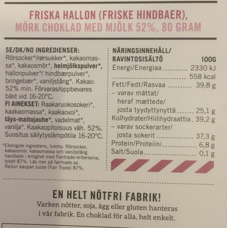 Malmö Choklad Friska Hallon 52% Kakao Ekologisk