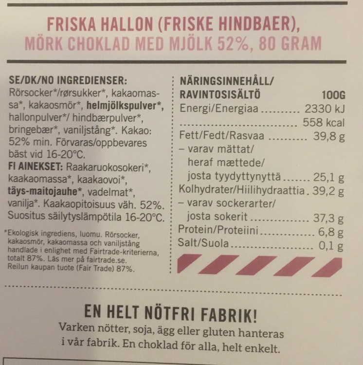 Malmö Choklad Friska Hallon 52% Kakao Ekologisk