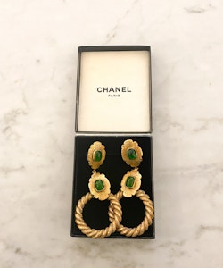 CHANEL Vintage Earrings Green Stone