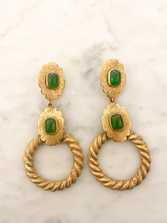 CHANEL Vintage Earrings Green Stone