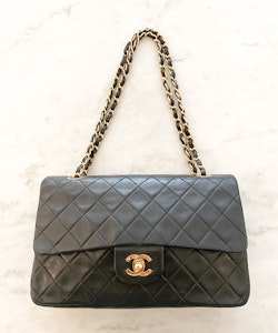 CHANEL Classic Medium Double Flap Black Gold Leather Bag