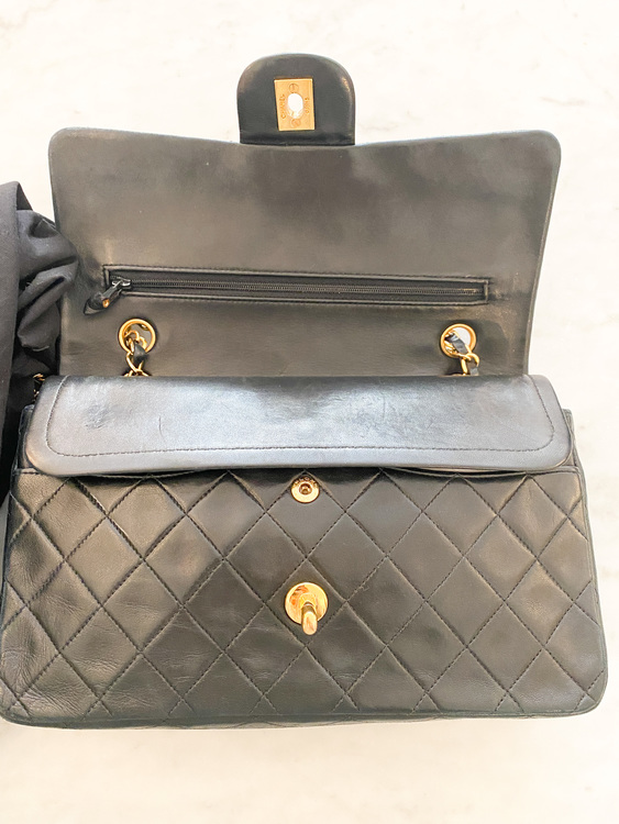 CHANEL Classic Medium Double Flap Black Gold Leather Bag