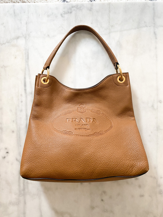 PRADA Vitello Leather Embossed Logo Hobo Bag