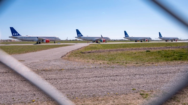 Long rows of SAS planes at Kastrup Airport in Copenhagen
