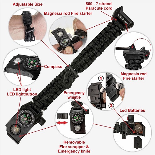 LOKKEN® Paracord SOS armband med Led-lampa Svart
