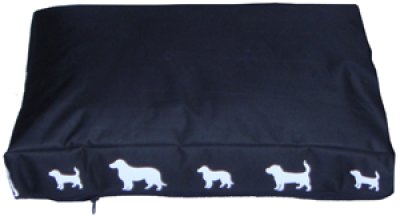 Hundematratze quadratisch Schwarz mit weißem Hundedruck