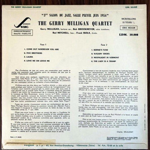 GERRY MULLIGAN QUARTET, the 3e Salon Du Jazz, Paris, 1954, À Pleyel (Swing - France original) (VG+/VG) LP