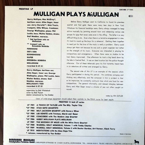 GERRY MULLIGAN Mulligan Plays Mulligan (Prestige - Germany reissue) (VG+/EX) LP