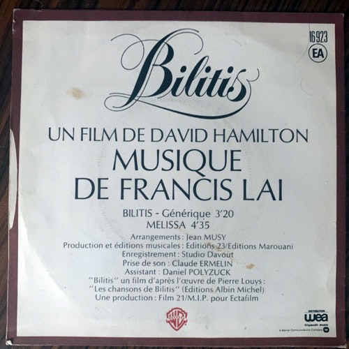 SOUNDTRACK Francis Lai ‎– Bilitis - Générique (Warner - France original) (VG+/VG) 7"