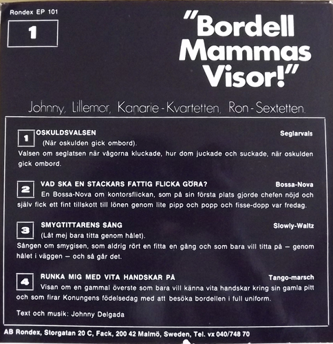 JOHNNY OCH LILLEMOR Bordell Mammas Visor! (Rondex - Sweden original) (EX/VG) 7"