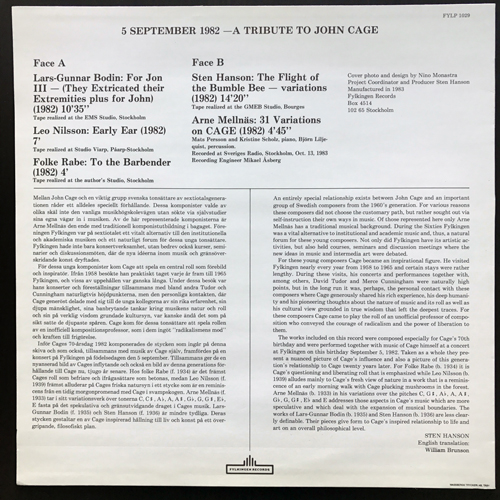 VARIOUS 5 September 1982 - A Tribute To John Cage (Fylkingen - Sweden original) (EX/NM) LP