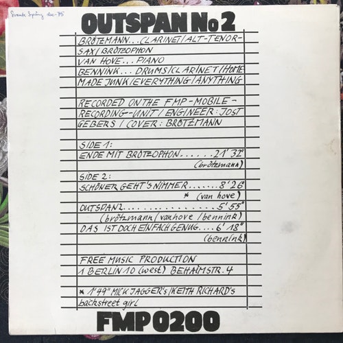 BRÖTZMANN, VAN HOVE, BENNINK Outspan No 2 (FMP - Germany original) (VG+) LP